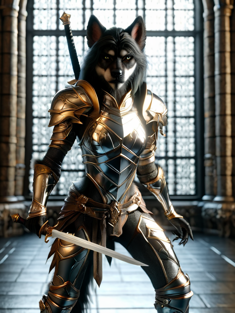 worgen, female worgen, paladin worgen, paladin clothing, female worgen in armor with a sword, heavy silver and gold plate armor, sword on back, standing in front of stainless glass windows, backlight <lora:wowrgen-sdxl:1>