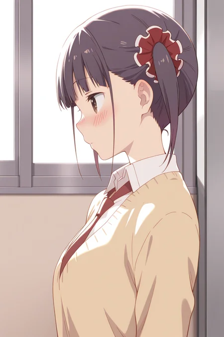 masterpiece, best quality, amazing quality,
 <lora:Shizuku_IL:1> shizuku, 1girl, solo, school uniform, necktie, twintails, blush, scrunchie, black hair, profile, brown eyes, window, from side