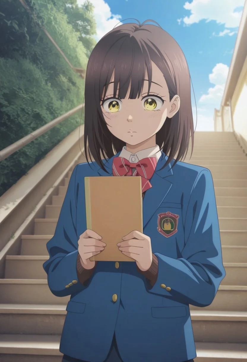 masterpiece,best quality,amazing quality, ishimori uka, black hair, yellow eyes, medium hair, 1girl, solo, school uniform, outdoors, bow, day, brown hair, sky, stairs, cloud, holding, blue jacket, bowtie