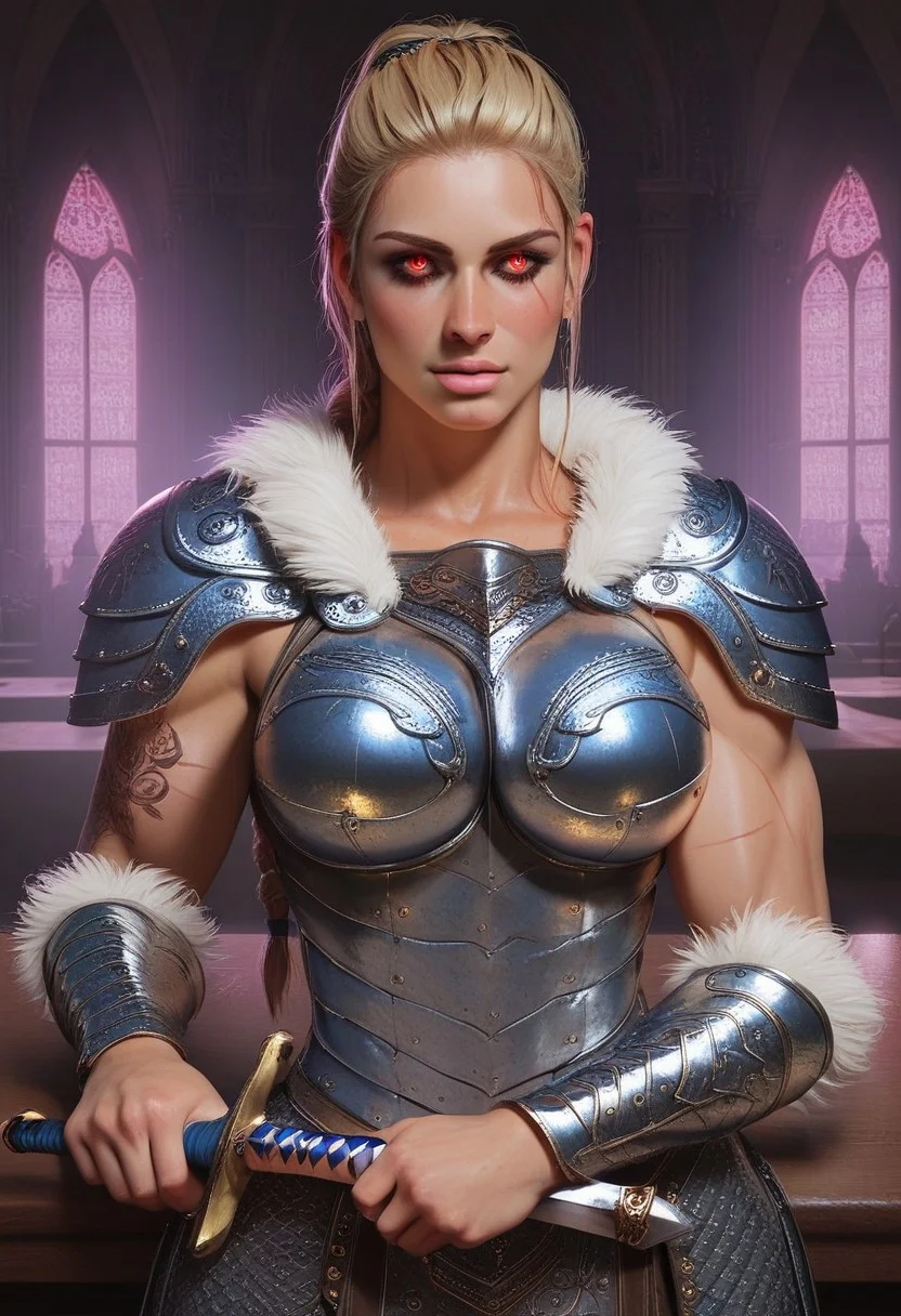 Score_9, Score8_up, Score_7_up, (((High Resolution, Best Quality))),
1girl, solo, beautiful face, lean muscle, muscle mass, warpaint, detailed eyes, red eyes, braided ponytail, White armor, Royal armor, detailed etchings in armor, chainmail, large breasts, royal guard, many scars, fur lined, wide hips, toned, tattoo, jewelry, beautiful lights, Lying ontop of viewer, laying on viewers chest, inside royal castle, standing vigilant, cowboy shot, holding a sword, grasping a sword, sword impailed in table, sword on table,