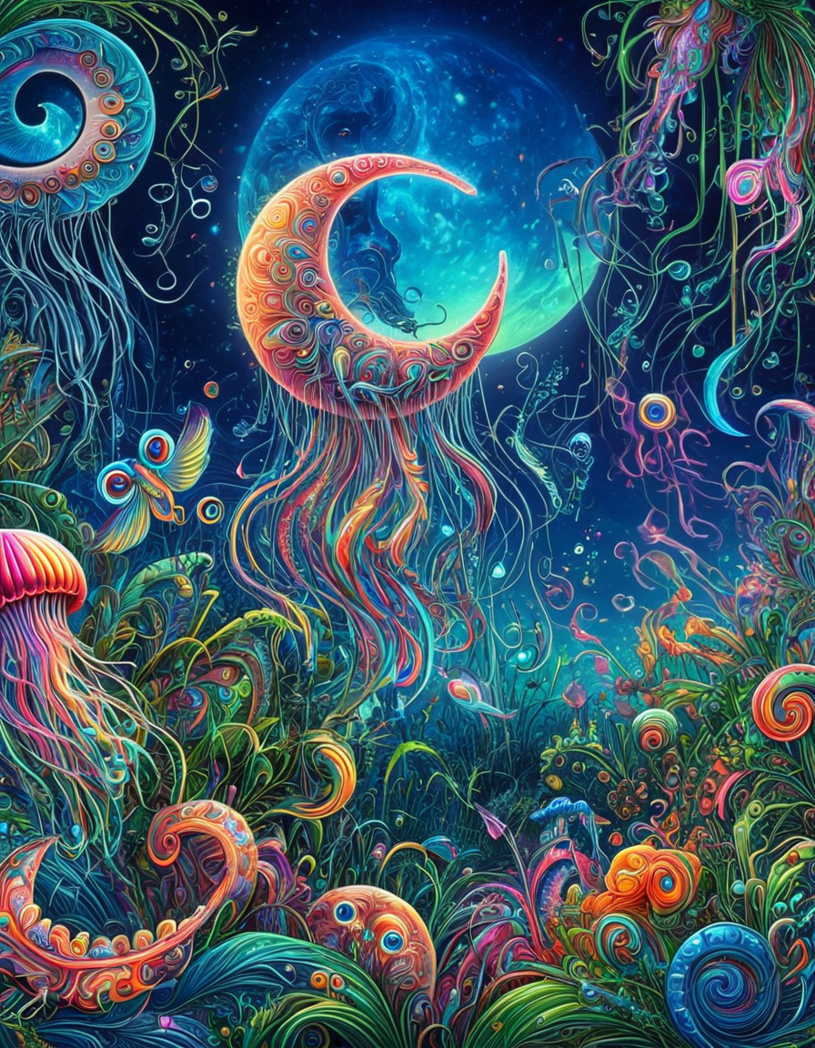 psychedeliclora, glowing, crescent moon, grass, blue eyes, bird, multicolored background, jellyfish, fish