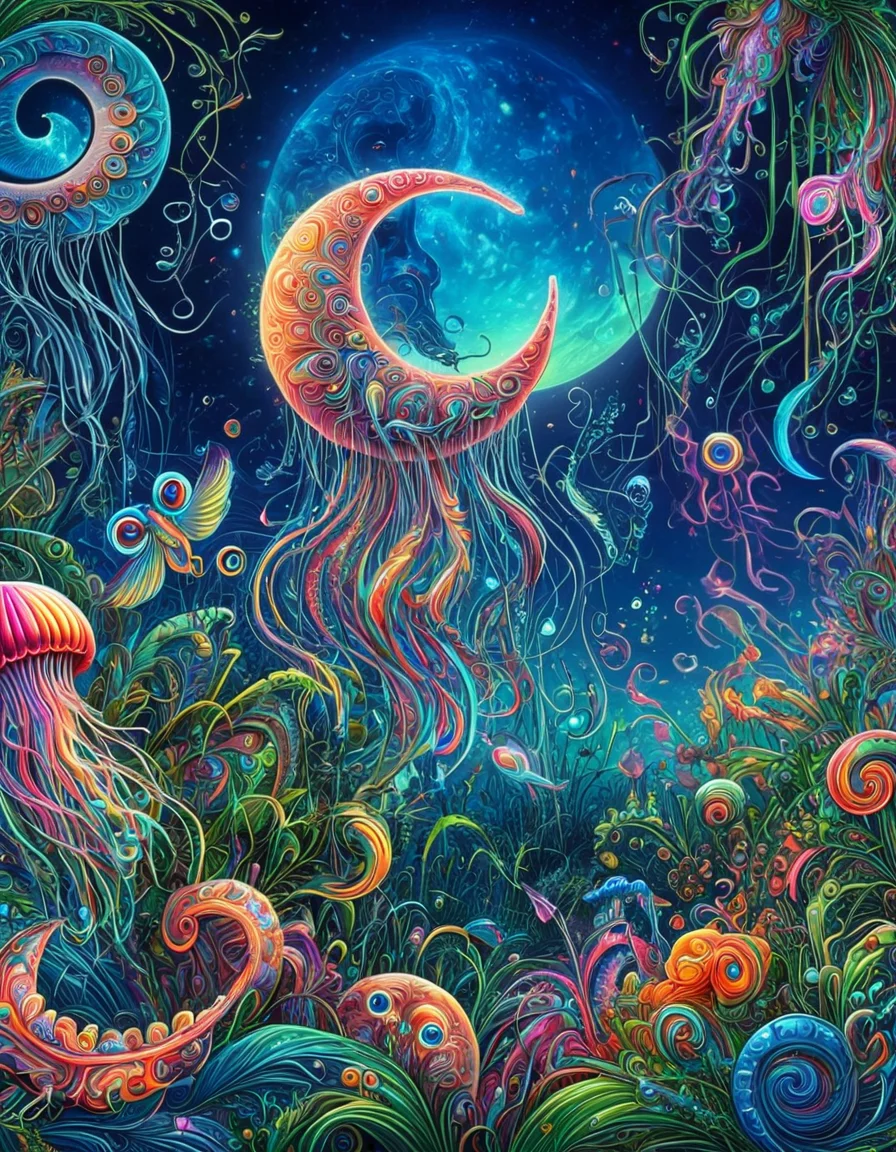 psychedeliclora, glowing, crescent moon, grass, blue eyes, bird, multicolored background, jellyfish, fish