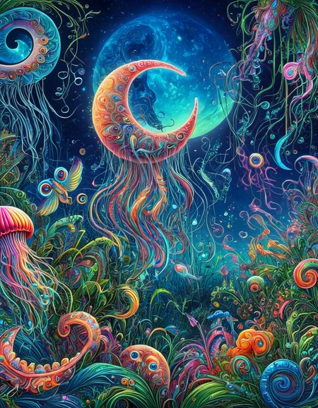 psychedeliclora, glowing, crescent moon, grass, blue eyes, bird, multicolored background, jellyfish, fish