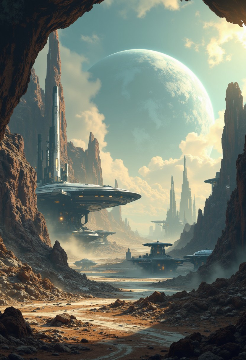 A digital painting in the style of ck-js, landscape of a futuristic sci-fi moon base, gleaming metals and ceramics, domes, cratered environment, dusty, thin haze, a large planet dominating the skyline