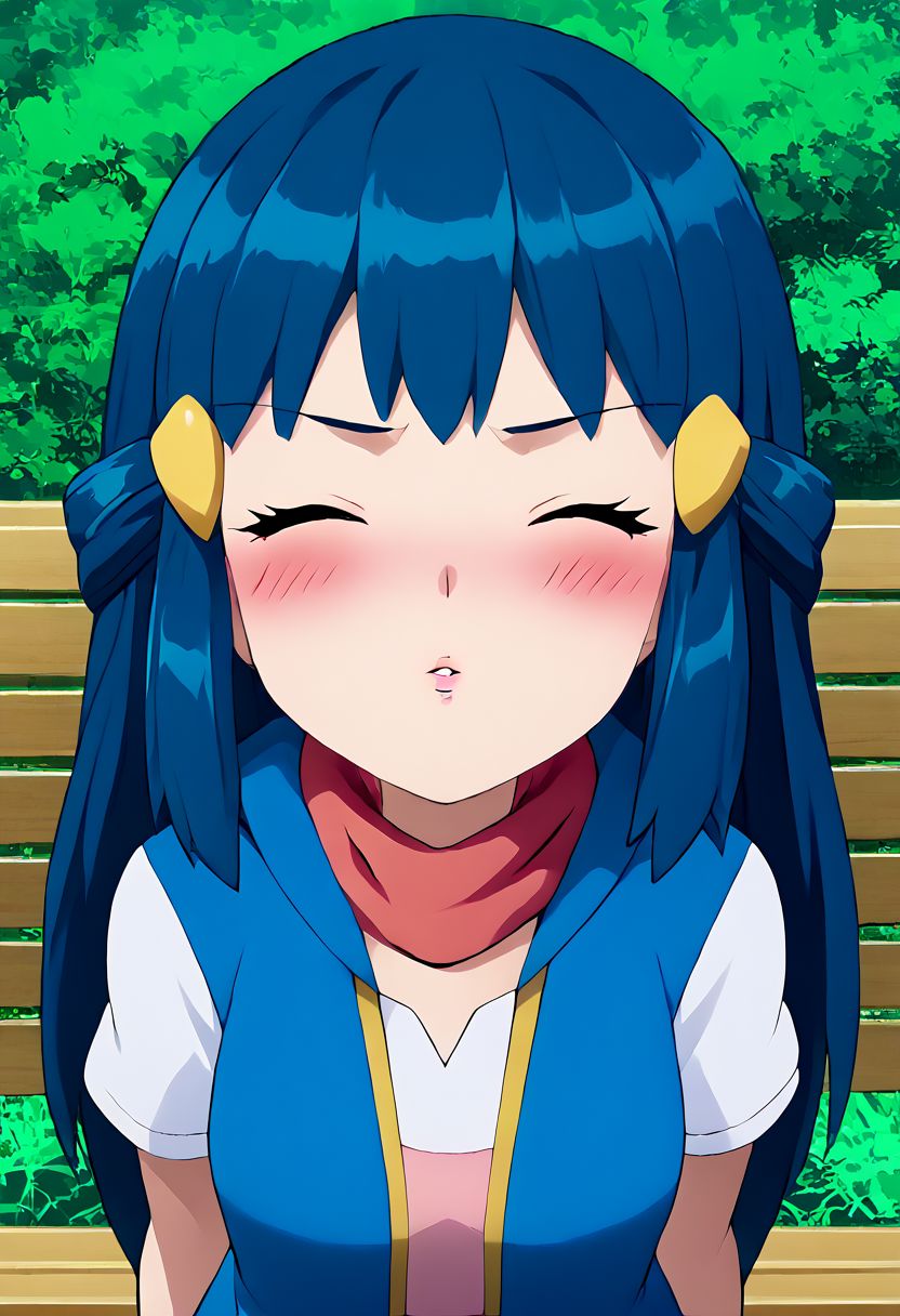 score_9, score_8_up, score_7_up, source_anime,
pokemondawn, <lora:pokemon-dawn-ponyxl-lora-nochekaiser:1>
1girl, solo, pokemon dawn, (blue hair), sidelocks, (long hair), (((blue vest))), (((vest with yellow outlines))), (white shirt), cute, arm up, fingerless gloves, black gloves, bracelet, jewelry, red scarf, scarf, yellow headwears,
outdoors, nature,
looking at viewer, dutch angle, (anime screencap), anime, 2d, ((official art)), (((upper body))), ((small breasts)), mature female, soft sun light, ((blush)), (arms behind back), closed mouth, closed eyes, incom, facing viewer, ((parted lips)), reaching, girl focus,(bench), sitting, outdoors, forest,grass,full-face blush,embarrassed, from above, (leaning forward), pov, closer face, incoming kiss, looking at viewer