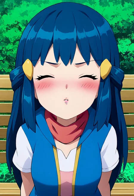 score_9, score_8_up, score_7_up, source_anime,
pokemondawn, <lora:pokemon-dawn-ponyxl-lora-nochekaiser:1>
1girl, solo, pokemon dawn, (blue hair), sidelocks, (long hair), (((blue vest))), (((vest with yellow outlines))), (white shirt), cute, arm up, fingerless gloves, black gloves, bracelet, jewelry, red scarf, scarf, yellow headwears,
outdoors, nature,
looking at viewer, dutch angle, (anime screencap), anime, 2d, ((official art)), (((upper body))), ((small breasts)), mature female, soft sun light, ((blush)), (arms behind back), closed mouth, closed eyes, incom, facing viewer, ((parted lips)), reaching, girl focus,(bench), sitting, outdoors, forest,grass,full-face blush,embarrassed, from above, (leaning forward), pov, closer face, incoming kiss, looking at viewer