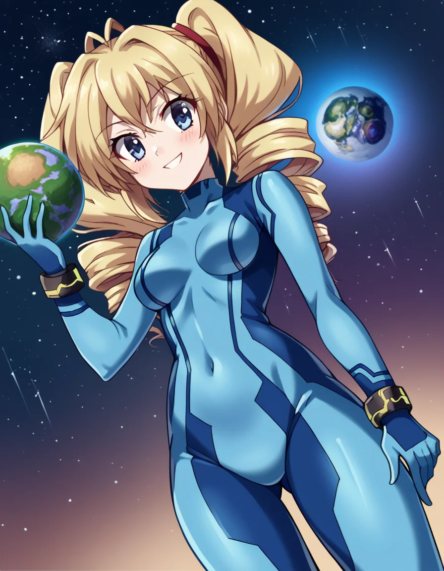 score_9, score_8_up, score_7_up, source_anime, <lora:ravel-phenex-s1-ponyxl-lora-nochekaiser:1>, ravel phenex, blue eyes, blonde hair, twintails, drill hair, antenna hair, medium breasts, <lora:samus-aran-cosplay-ponyxl-lora-nochekaiser:1>, samusarancosplay, samus aran (cosplay), blue bodysuit, bodysuit, covered navel, skin tight, zero suit,, space, planet, earth (planet), star (sky), galaxy, nebula, moon, blush, smile, , cowboy shot, dutch angle,