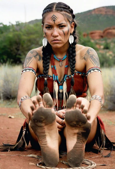 front-bottom-view medium-shot photograph, angry female Native-American warrior, wearing traditional-clothes, 25-YO, (tattoos:0.8), long-thick-braids, outdoors, foot-focus, five-toes, barefoot, detailed-soles, dirty-feet, sitting