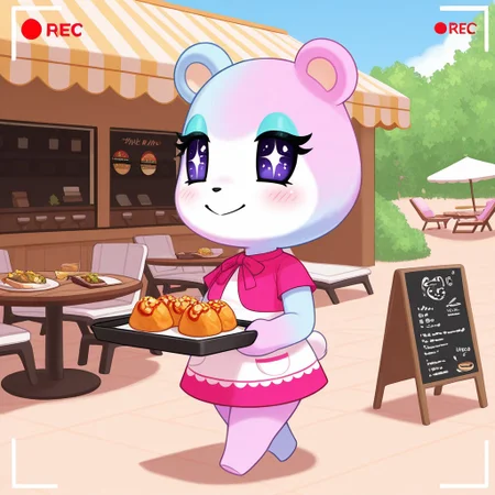 best quality, masterpiece, Full Body, Romantic, Small, Body, Furry, judyac, animal crossing, 1girl, solo, furry, bear, two-tone fur, light pink fur, light blue fur, white muzzle, purple eyes, star pupil, blush, blue eyeshadow, pink dress, beach, restaurants, serving food, carry tray, walking, outside lobby, board walk, beach chair, beach table, umbrella, recording, sign of buzz, sign said buzz food menu, sign writing say buzz, smile, holding a sign, sign said " free_buzz_food"