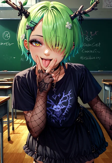 score_9, score_8_up, score_7_up, detailed, anime source, night, classroom, looking at viewer,<lora:ChamCeresFaunaPonyXL:1> FaunaGoth, yellow eyes, mole under eye, antlers, short hair, hair over one eye, hairclip, heart choker, necklace, black t-shirt, black dress, elbow gloves, fingerless gloves, o-ring thigh strap, heart o-ring, fishnet thighhighs, ear piercing, black eyeliner, black eyeshadow, smile, open mouth, tongue out, lean leaning forward, <lora:Cunnilingus gesture XL:1> cunnilingus gesture