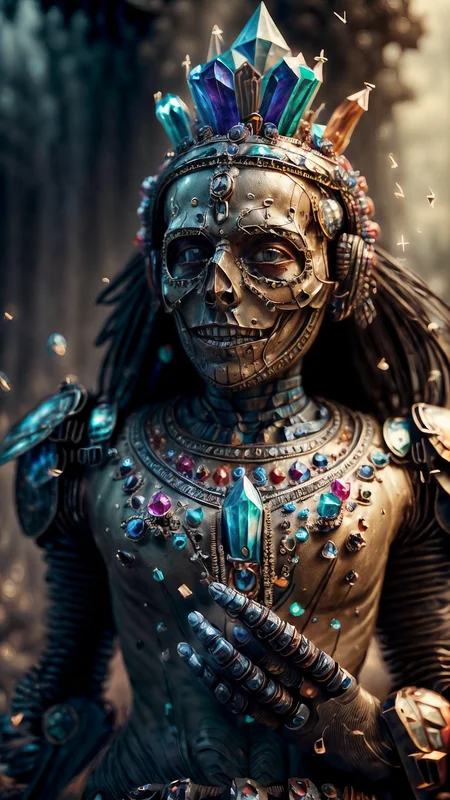 a profestional picutre of 1man, <lora:mshn:0.7> robot, mshn, mshn robot, robotic warrior with skull face , <lora:GemstoneAI:1.2> gemstoneai Mage's Incantation: Description: The mage stands with their feet shoulder-width apart, weight evenly distributed. They raise one hand towards the sky, fingers spread, while the other hand is extended forward, palm out. Arcane symbols appear to shimmer around them as they channel magic, their gaze focused on a point of interest where the spell will manifest. , camera angle from behind and focus on upper body, photorealism,unreal 5 daz,perfectly drawed hands,perfectly drawed face,perfect body,extremely detailed artgerm greg rutkowski greg,((ultrasharp)),((masterpiece)),((best quality)),((ultradetailed)),((intricated details)),ultradetailed character,detailed face,intricated face details,<lyco:GoodHands-beta2:1>,extremaly detailed background,perfectly detailed face,character focus,intricated details of face,fFaceDetail <lora:add_detail:0.7> ultra realistic,32k,RAW photo,(high detailed skin:1.2),8k uhd,dslr,soft lighting,high quality,film grain, beautiful and aesthetic,extremely detailed <hypernet:sxzBloom_sxzBloom:1>,8k, extremely_clear,