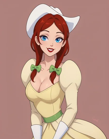 suexl, 1girl, solo, breasts, looking at viewer, smile, blue eyes, simple background, cowboy hat, dress, bow, cleavage, twintails, medium breasts, upper body, hair bow, red hair, parted lips, puffy sleeves, medium hair, low twintails, white headwear, juliet sleeves, green bow, red lips, yellow dress
masterpiece, best quality, amazing quality, very aesthetic, absurdres,
<lora:suexl:1>