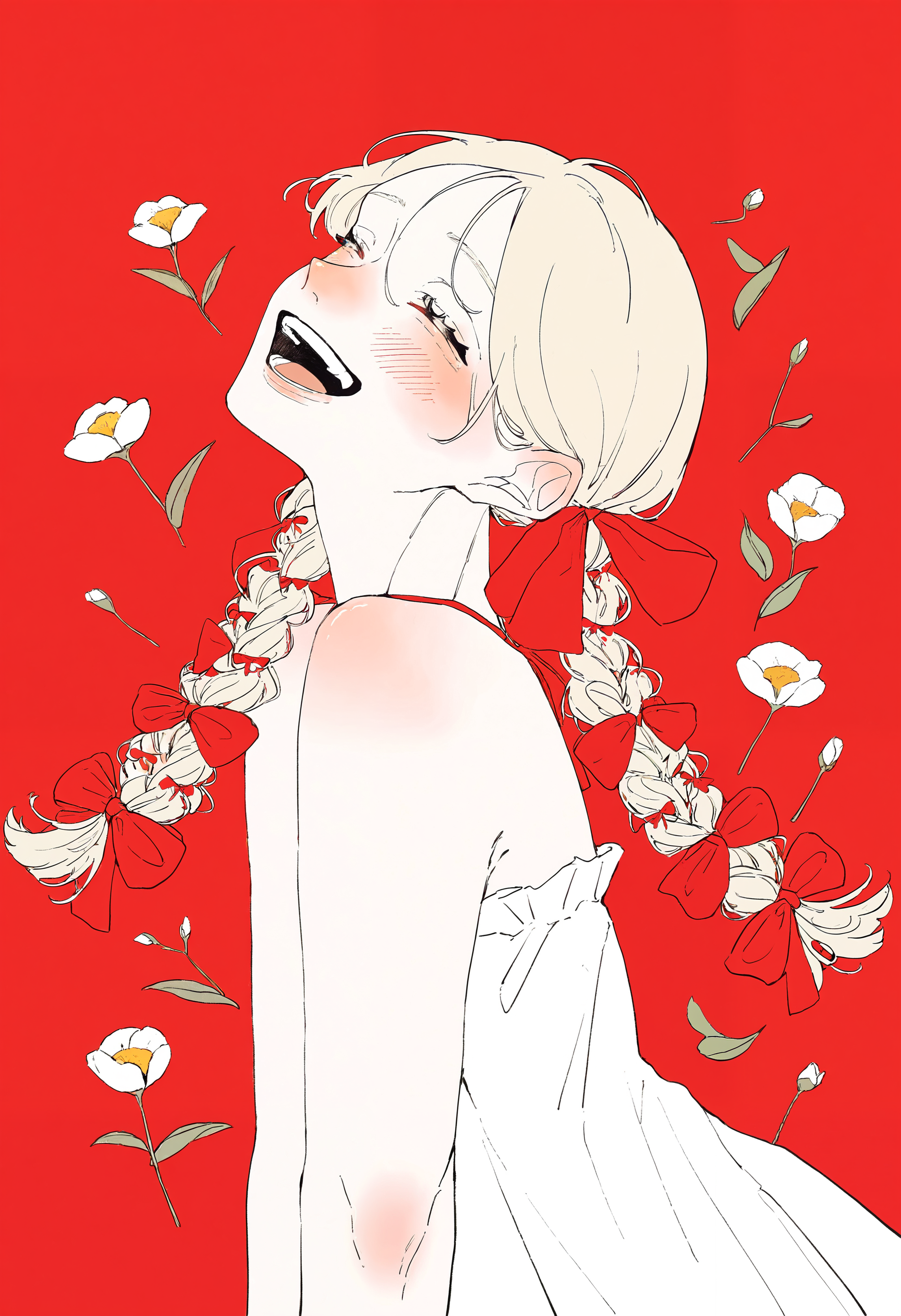 masterpiece, highres, absurdres, newest, very awa, blending,   1girl, solo, long hair, blonde hair, twin braids, multiple hair bows, red bow, blush, closed eyes, :D, laughing, head tilt, side view, bare shoulders, white sundress, red background, flowers,   <lora:spo_sdxl_10ep_4k-data_lora_webui>,  <lora:TA_trained:0.35>,  <lora:NOOB_EPSv1_1_detailer_by_vlnvk_v0_5>,  <lora:shim_46:0.8>
