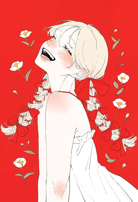 masterpiece, highres, absurdres, newest, very awa, blending, 1girl, solo, long hair, blonde hair, twin braids, multiple hair bows, red bow, blush, closed eyes, :D, laughing, head tilt, side view, bare shoulders, white sundress, red background, flowers, <lora:spo_sdxl_10ep_4k-data_lora_webui>, <lora:TA_trained:0.35>, <lora:NOOB_EPSv1_1_detailer_by_vlnvk_v0_5>, <lora:shim_46:0.8>
