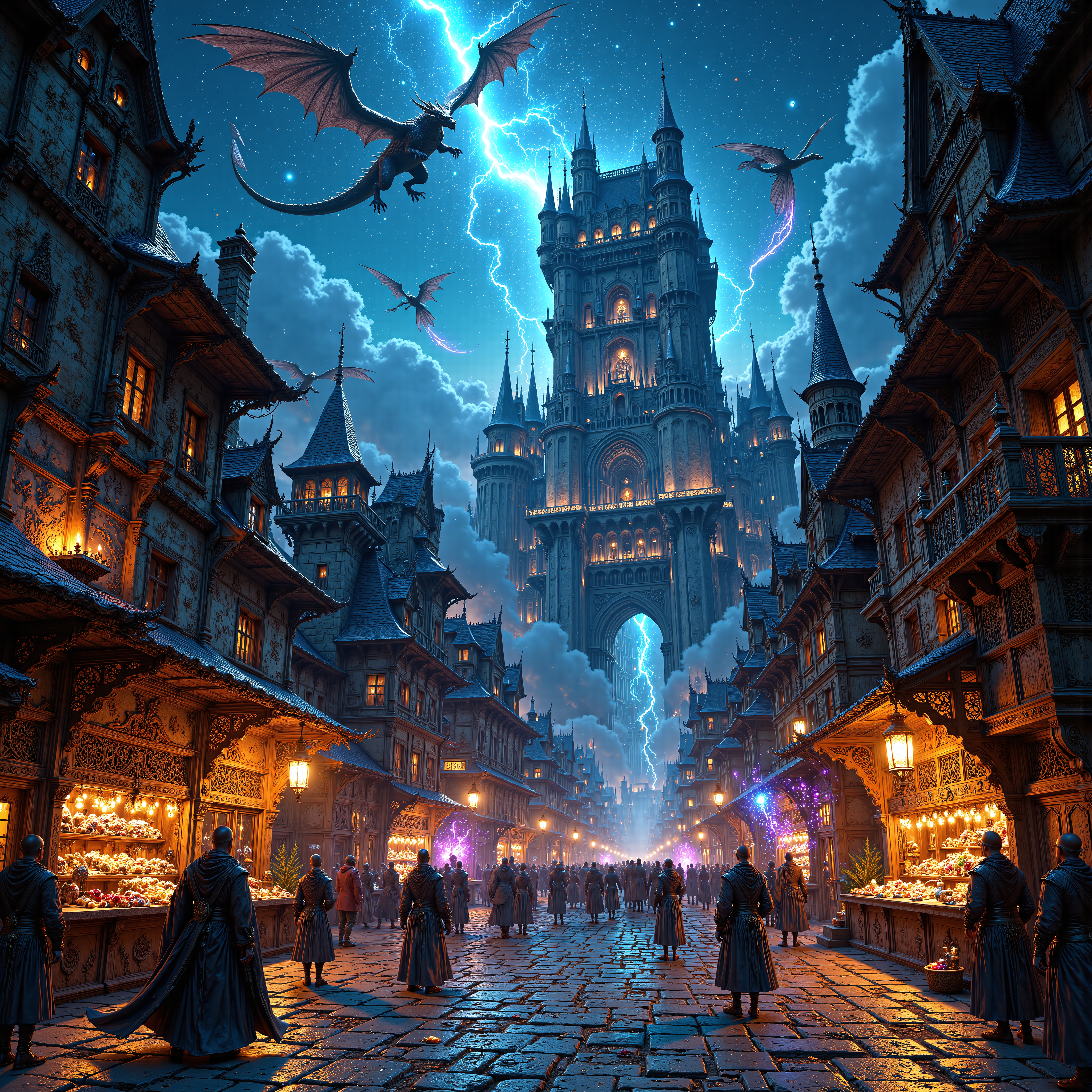 In a bustling medieval fantasy city beneath a starry night sky, towers of stone and spire-like structures pierce the heavens. Sorcerers in ornate robes cast spells from elevated platforms, while dragons glide gracefully above, their scales shimmering with an otherworldly glow. The heart of the city features a grand castle, its walls adorned with intricate carvings of mythical creatures and ancient runes that pulse with magical energy. The streets teem with life—merchants peddle enchanted trinkets, children play with floating orbs of light, and knights patrol on horseback. The atmosphere is one of wonder and adventure, where magic is an integral part of daily life.

r3alisticf, mythp0rt,
