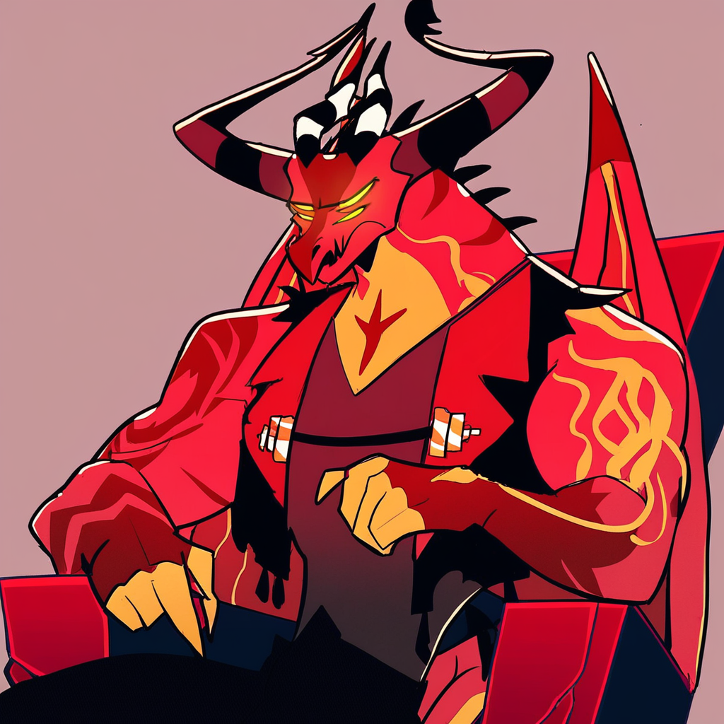 score_9_up, score_8_up, score_7_up, high quality, detailed, source_cartoon, male, solo male, 1boy, mature male, four eyes, yellow eyes, yellow sclera, horns, anthro, dragon, demon, satan, helluva boss, cartoon style, red skin, yellow underbelly, buff, muscular male, bara, athletic build, yellow claws, dark red markings on body, demon dragon, black vest, gray v-neck sleeveless shirt, black pants, throne, sitting on throne, half-body, bust shot