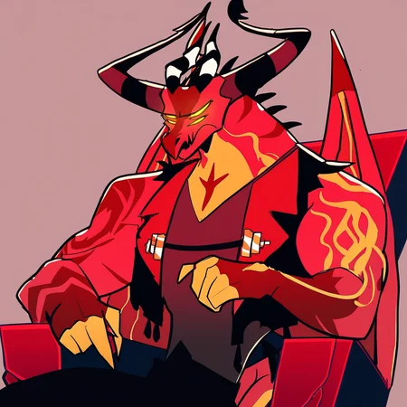score_9_up, score_8_up, score_7_up, high quality, detailed, source_cartoon, male, solo male, 1boy, mature male, four eyes, yellow eyes, yellow sclera, horns, anthro, dragon, demon, satan, helluva boss, cartoon style, red skin, yellow underbelly, buff, muscular male, bara, athletic build, yellow claws, dark red markings on body, demon dragon, black vest, gray v-neck sleeveless shirt, black pants, throne, sitting on throne, half-body, bust shot