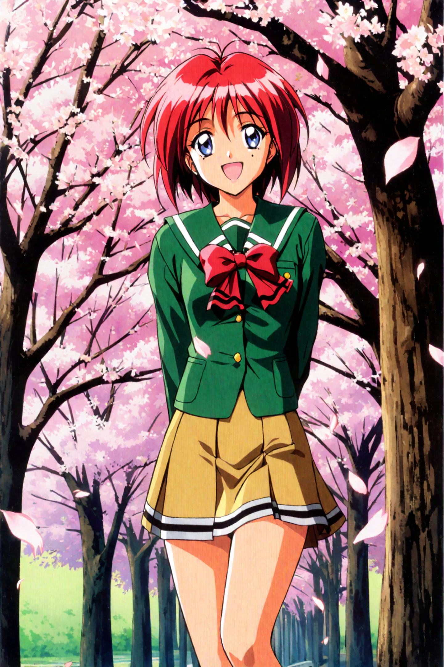 Hinomoto Hikari,1girl,mole under eye,mole,solo,1990s \(style\),school uniform,retro artstyle,red hair,skirt,cherry blossoms,short hair,blue eyes,open mouth,smile,shirt,long sleeves,green shirt,bow,;d,petals,tree,
<lora:Tokimeki Memorial 2_XL:0.8>,