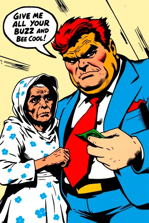 a fat old Classic Comicbook Supervillain with orange hair and wearing a blue suit with red tie is stealing money from a frail poor sad old beggar woman in a white dress made from blue flowered fabric, the supervillain has a thought bubble that reads "Give me all your BUZZ and Bee Cool!"
