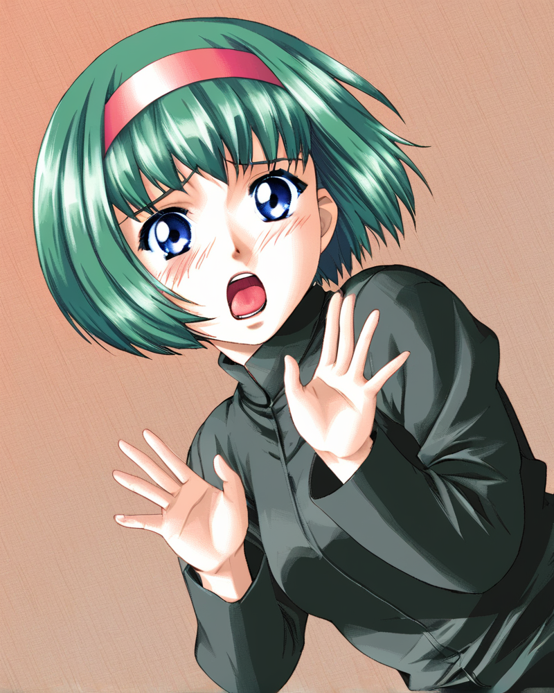 <lora:Figure_-_Ubawareta_Houkago_Style_ForPony:1>fuhstyle, solo,  blue eyes, short hair, 1girl, hairband, blush, , green hair, open mouth