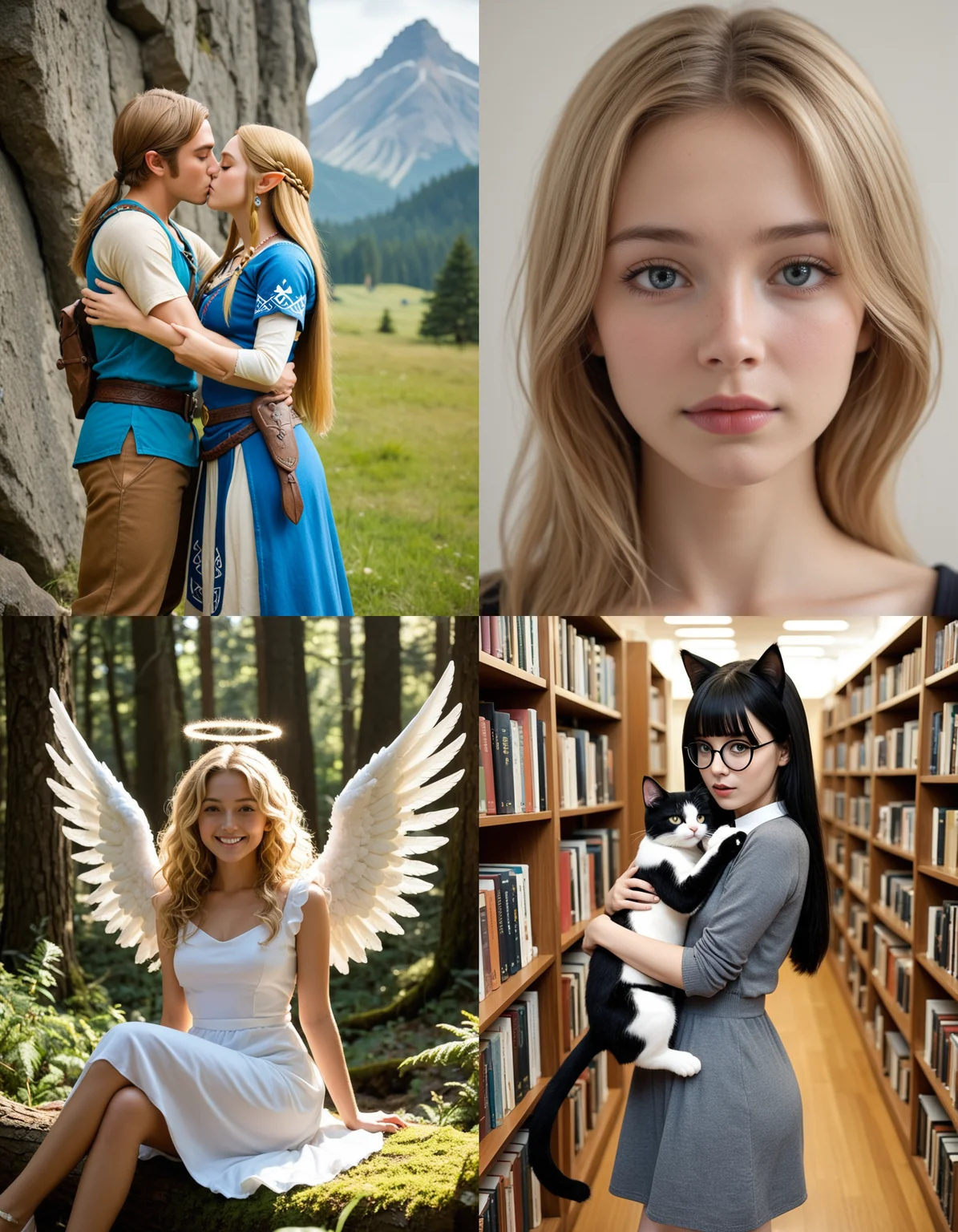 https://civitai.com/articles/8642 __ 1st image: masterpiece, best quality, 1girl, 1boy, princess zelda, the legend of zelda: breath of the wild, standing, kiss, hug, closed eyes, outdoors __ 2nd image: masterpiece, best quality, 1girl, face, portrait, looking at viewer, closed mouth __ 3rd image: masterpiece, best quality, 1girl, solo, blonde hair, wavy hair, angel, angel wings, halo, smile, sitting, forest, white dress __ 4th Image: masterpiece, best quality, 1girl, solo, long hair, black hair, blunt bangs, straight hair, round eyewear, cat girl, cat ears, cat tail, standing, hug, cat, looking at viewer, library