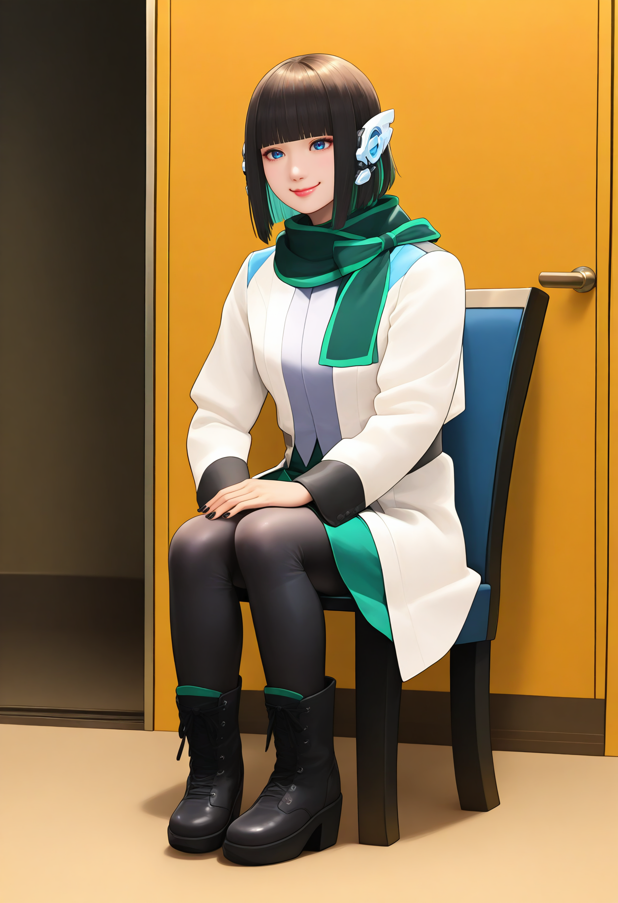 best hands, 5 fingers, perfect hand, <lora:zero-one izu_IL1.5:1> sitting on chair, 
zero-pne izu, realistic, Asian, 1girl, solo, black hair, multicolored hair, green hair, bobbed hair, blunt bangs, robot ears, smile, closed mouth, lips,
white Coat, scarf, green miniskirt, Black pantyhose with green outer half on right leg, Short boots,
black nails,
v arms,
BREAK indoors, Building entrance, shadow, standing,