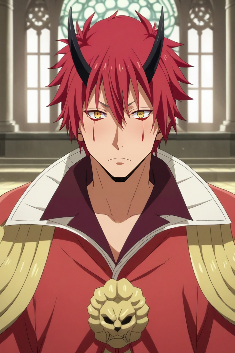 score_9, score_8_up, score_7_up, source_anime, rating_safe, , (realistic:0.6), looking at viewer, , 1boy, solo, male focus, <lora:benimaru_tensura_pony:0.82>, benimaru_tensura, red hair, yellow eyes, hair between eyes, horns, oni horns, facial mark, rule of thirds, palace, dark, (dynamic pose), shy, blush, , <lora:sdxl_lightning_8step_lora:1>