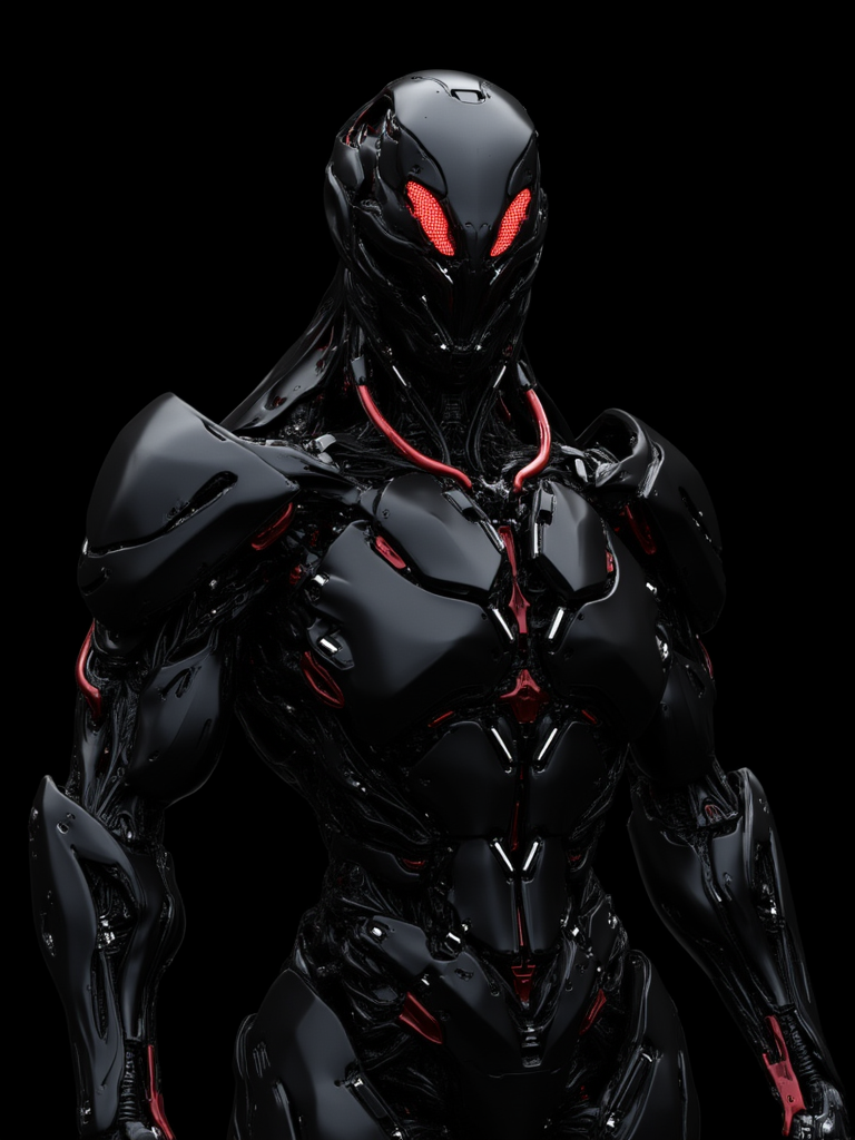 w1z_m4ch1n4. ultra realistic robot, half body, sci-fiction, modern render, glossy black carbon with matte black accents, red eyes, insanely detailed, cyborg, intricate parts. plain dark black background, futuristic warframe. ultra detailed, bold angry face, blades arms cinematic, sci-fiction, front view only
