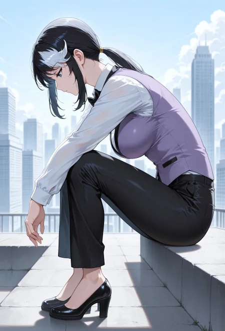 masterpiece, best quality, amazing quality, absurdres, 

d3a13rmask, 1girl, solo, multicolored hair, two-tone hair, streaked hair, black hair, white hair, ponytail, low ponytail, swept bangs, sidelocks, blue eyes, medium breasts,vest, two-toned vest, purple vest, black vest, white shirt, collared shirt, long sleeves, bowtie, black bowtie, black pants, black footwear, low block heels,

look down, rooftop, skyscraper, emotionless, from side, profile,