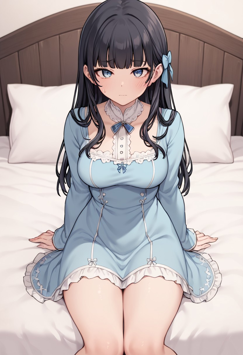 score_9, score_8_up, score_7_up,  masterpiece, 
1girl, solo,  blush, black hair, bangs, long hair, looking at viewer, large breasts, bed, sitting, bow, dress, blue eyes, long sleeves, pillow, blunt bangs, hair bow, sweatdrop, on bed