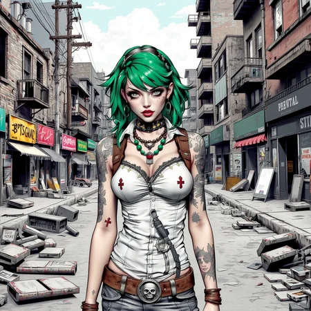 babel-pencil, a woman with green hair and tattoos standing in the middle of a street, surrounded by buildings, poles, wires, and scrap on the ground. The sky is visible in the background.