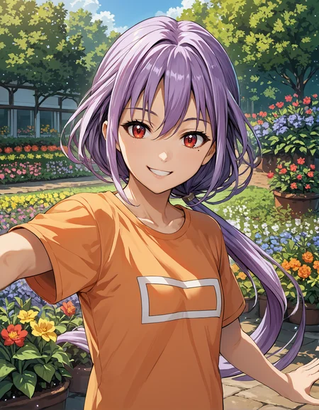 score_9, score_8_up, source_anime, 1girl, upper body, medium shot, detailed, pmmmamanosuzune, purple hair, low ponytail, mole under eye, red eyes, orange t-shirt, smiling, dynamic pose, hands outstretched, outdoors, garden, flowers, <lora:pmmmamanosuzune_XL:0.85>