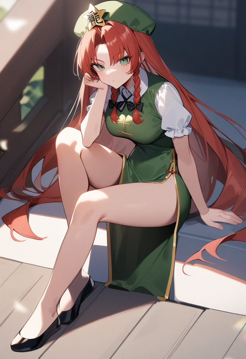 masterpiece,best quality,very aesthetic,absurdres,<lora:hong_meiling:1>,full_body, hat_ornament, sitting, side_slit, highres, flats, star_\(symbol\), hong_meiling, china_dress, looking_to_the_side, serious, absurdres, bare_legs, head_rest, 1girl, solo, short_dress