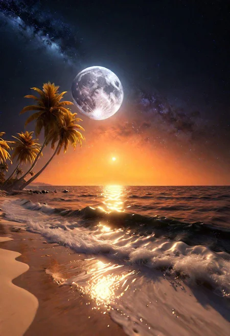 ocean, crashing waves SILVER LIQUID METAL , stars, moon, palm trees, beach, night, Inspiration, orange, yellow, 8k, best render, masterpiece, great, best scenery, beautiful, photorealistic, Milky Way, Night sky
