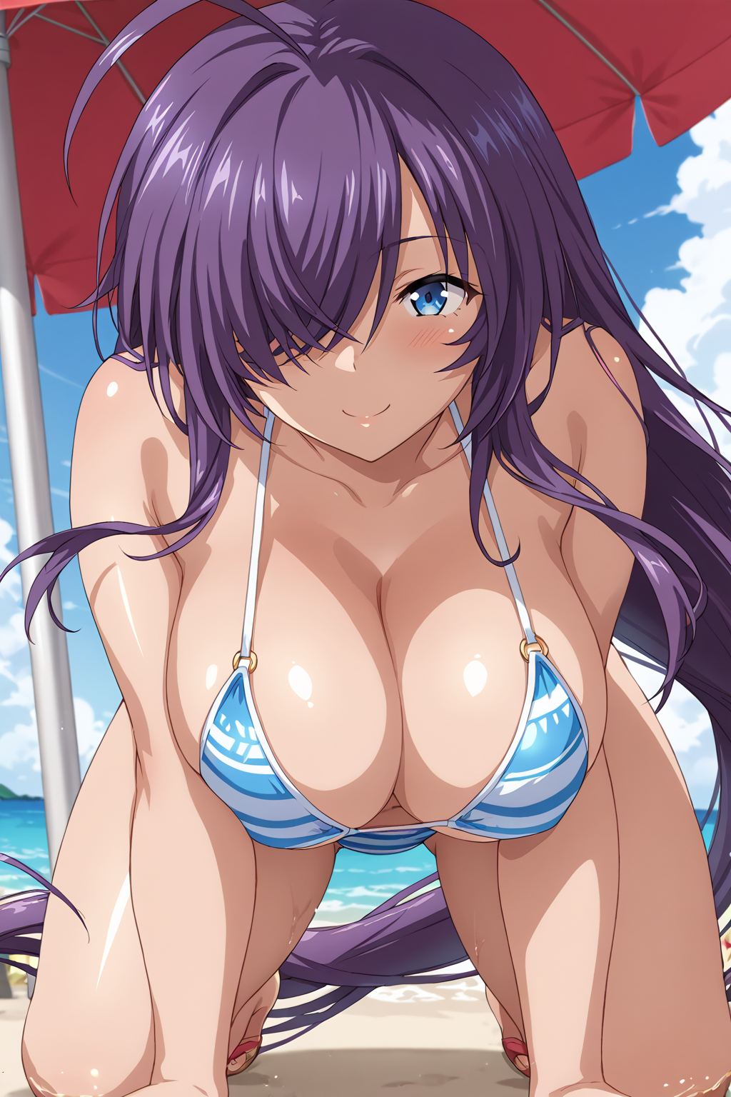 score_9, score_8_up, score_7_up, BREAK source_anime, masterpiece, anime screencap, shiny skin, thick thighs,
1girl, kan'u unchou, very long hair, ahoge, purple hair, blue eyes, hair between eyes, hair over one eye, large breasts,  <lora:kan'u_pony-000019:1>
bikini, all fours, 
blush, beach, smile,