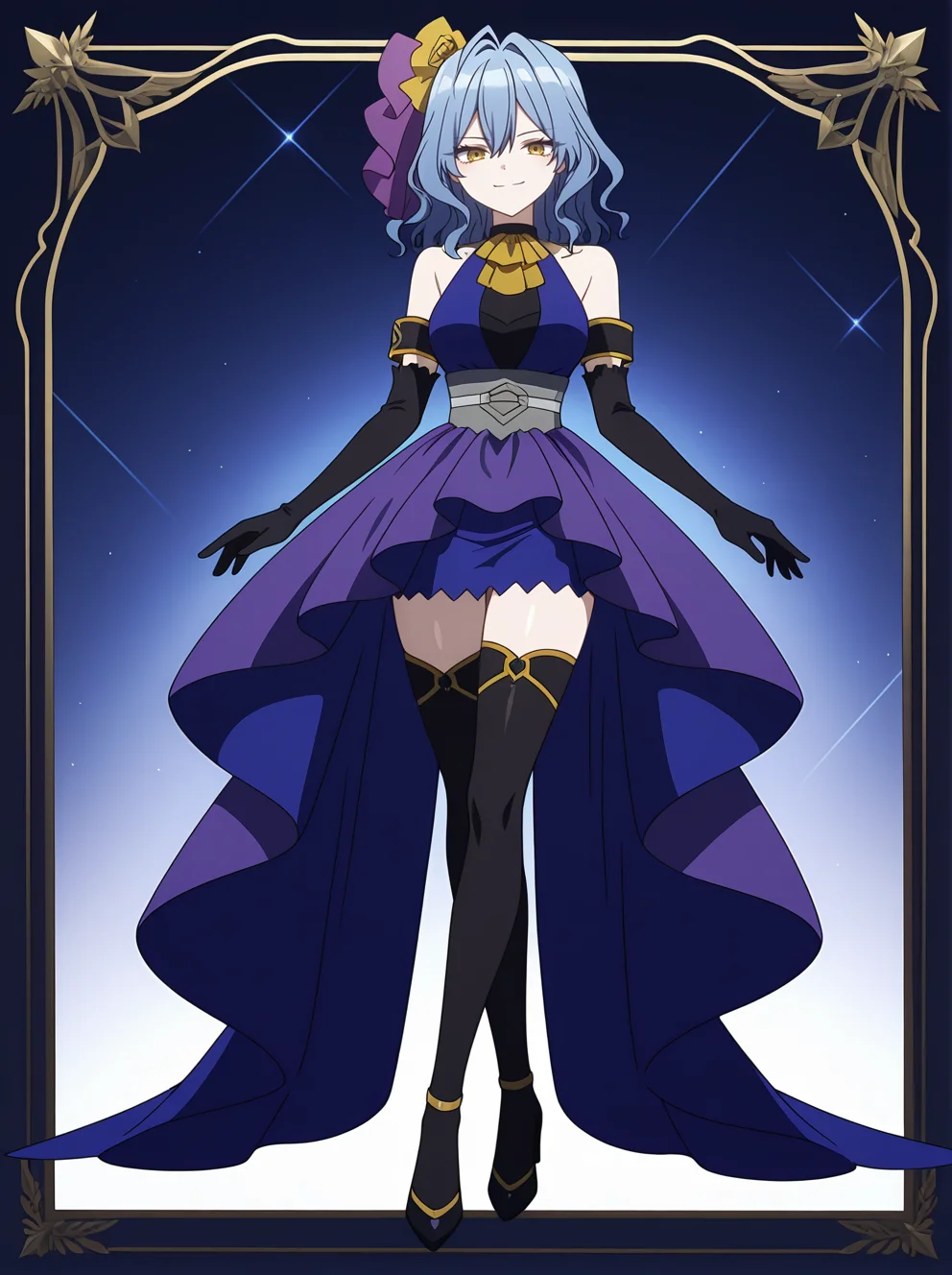 <lora:Millicent BLUENIGHT_v1.0_illustrious-000038:1>,
Millicent BLUENIGHT, solo, gloves, dress, elbow gloves, thighhighs, high heels, black gloves, looking at viewer, black thighhighs, medium breasts, smile, bare shoulders, blue dress, full body, sleeveless, purple dress