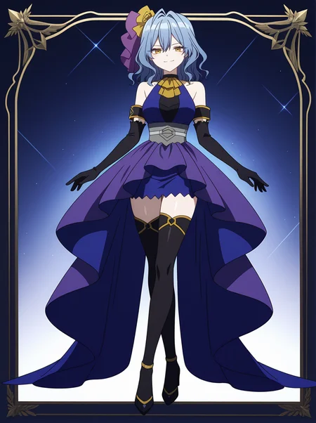 <lora:Millicent BLUENIGHT_v1.0_illustrious-000038:1>,
Millicent BLUENIGHT, solo, gloves, dress, elbow gloves, thighhighs, high heels, black gloves, looking at viewer, black thighhighs, medium breasts, smile, bare shoulders, blue dress, full body, sleeveless, purple dress