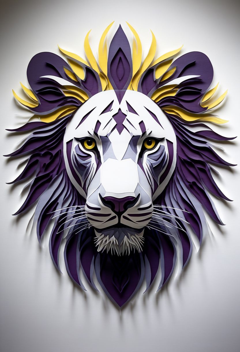layered papercut, mysterious lion face, an exotic papercut animal, fading backlit background, (svannah fading white/yellow to deep purple), by Minjae Lee, Carne Griffiths, Emily Kell, Steve McCurry, Geoffroy Thoorens, Aaron Horkey, Jordan Grimmer, Greg Rutkowski, amazing depth, double exposure, surreal, geometric patterns, intricately detailed, bokeh,  perfect balanced, deep fine borders, artistic photorealism , smooth,  great masterwork by Suiras  <lora:add-detail-xl:2>  <lora:Double_Exposure:0.5>