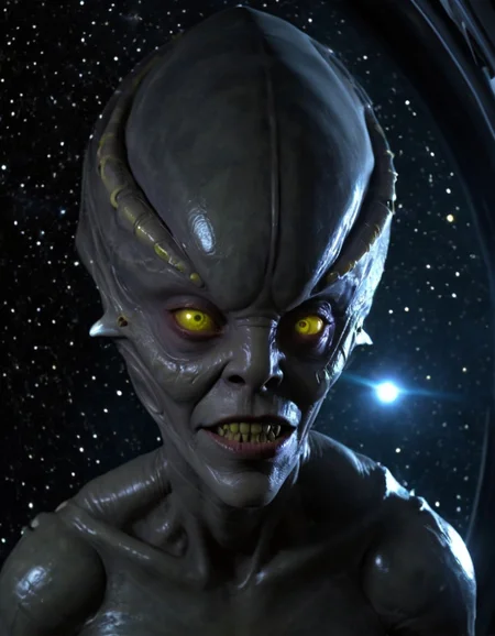 frelling alien, an alien woman with shap teeth and yellow eyes, interior of a spaceship, view of stars through the window, science fiction, <lora:Frelling_Alien-000007:1.0>