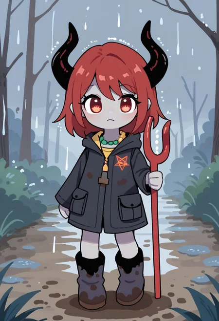 score_9, score_8_up, score_7_up, BREAK
highres, highly detailed, high resolution, high quality, 
source_anime, anime screencap, saturation, vivid colors, 
1girl, solo, luce, full body, standing, demon girl,
(dark red hair:1.2), (big dark red eyes:1.1), medium hair, cute, (grey skin:1.1), (horns:1.2), 
(long black raincoat:1.1), dirty black rubber boots, 
pentagram necklace, holding red trident, 
cute, bokeh,
blurry background, forest background, path, rain, 
stkyswt