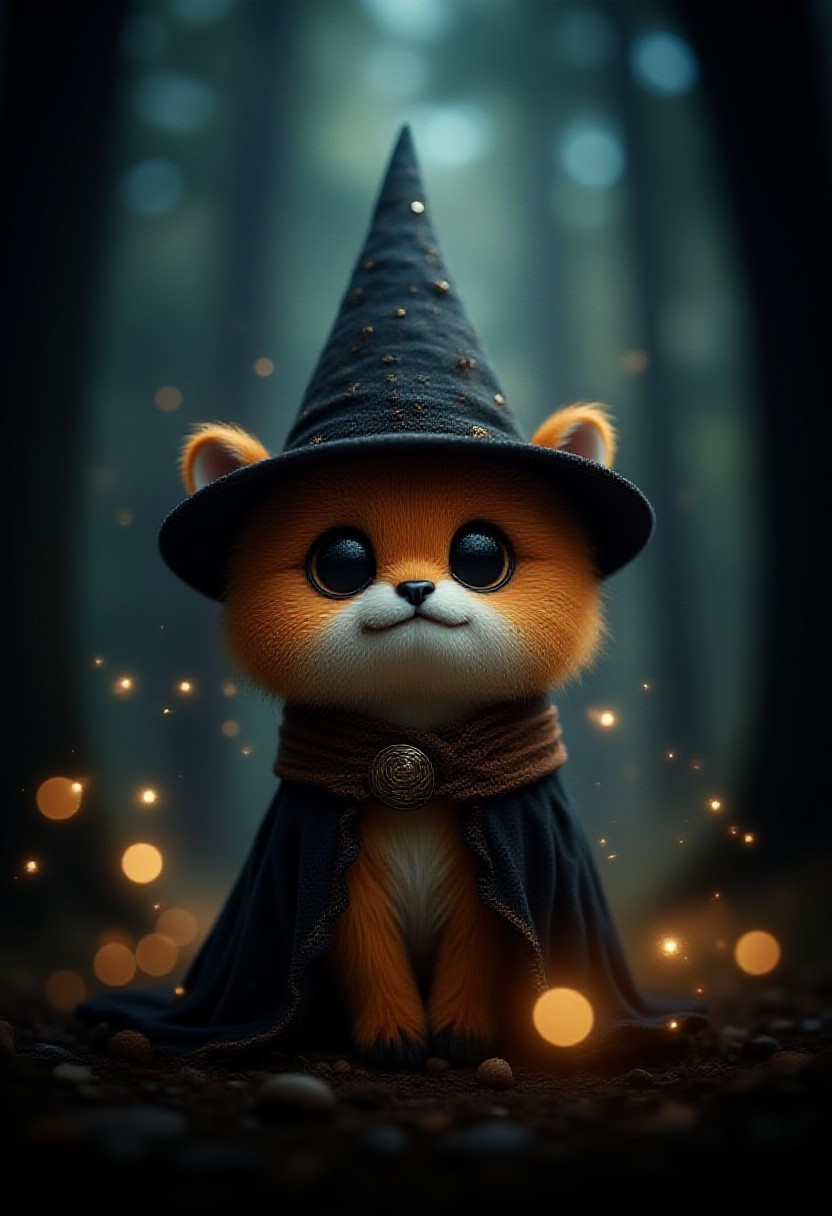 small adorable quokka, smiling, happy, dressed like a wizard, pointy hat, in a dark mythical wood, sourround by fireflys, looking very cute but has a mystical and magical aura around itself <lora:zhibi_flux:1>
