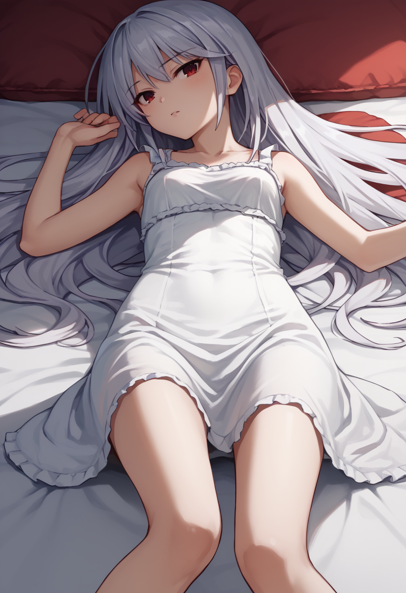 score_9,  score_7_up,   1girl, Kazuki, silver hair, long hair, red eyes,  white sundress, on back,    <lora:Kazuki Lora-000009:1>