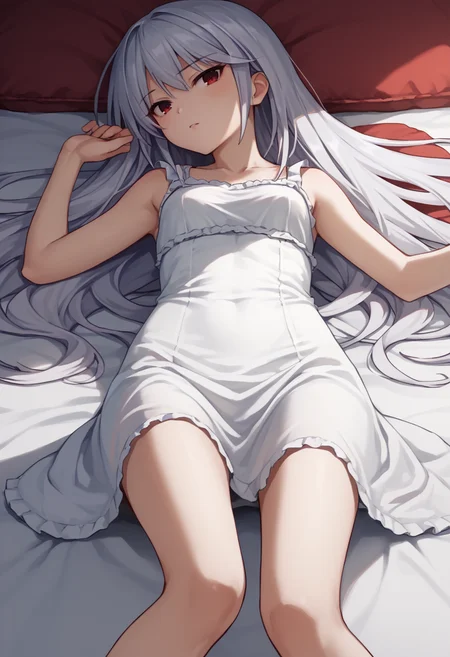 score_9, score_7_up, 1girl, Kazuki, silver hair, long hair, red eyes, white sundress, on back, <lora:Kazuki Lora-000009:1>