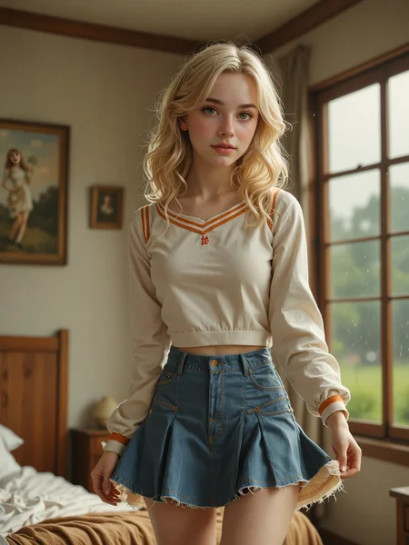 ( detailed realistic background:1),
( official art, beautiful and aesthetic:1 ),
realistic lighting,
cinematic lighting,
hyperrealism,
soothing tones,
muted colors,
high contrast,
soft light,
sharp,
artistic photoshoot,
( cute, petite:1.2 ),
slender,
european,
pale cheeks,
square face shape with angular jaw,
natural "no-makeup" makeup,
apricot breasts ,
senior,
platinum blonde hair ,
flowy waves hair ,
Wormfs Eye View
quiet countryside retreat painting landscapes ,
cool rain with subtle drizzle ,
sunbeams through clouds ,
cheerleader uniform, skirt, pom_pom_cheerleading in both hands
slim fit jeans
liner sock
kitten heels ,
Hating ,
looking at viewer,