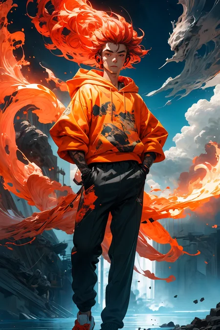 masterpiece, best quality, 1boy, skinny, intricate detail, flame headwear, headphones, brown eyes, feet out of frame, wind, floating hair, flame, gloves, Orange hoodie with flame print, anime screencap, aura,
<lora:more_details:0.4>
<lora:Cosmic anime-oil fusion v2:0.4>
<lora:AnimeVibesV3:0.25> animevibes,
<lora:3DMM_V11:0.5> 3DMM
<lora:midjourney_20230624181825:0.4> midjourney ,
<lora:LAS:0.25> colorful, clouds,
<lora:msw_locon-t2:0.45>
<lora:wuxia2:0.5> gu, shiny, shiny hair, shiny skin, shiny clothes