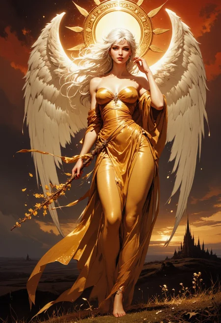 A celestial female figure floats above a dark, rolling landscape. The background consists of a stormy sky with swirling clouds in deep shades of crimson, amber, and sepia. A distant, shadowed church with a pointed steeple stands atop a sloping hill, partially obscured by darkness. The foreground features windswept grasslands fading into shadows. Her skin is pale and porcelain-like, contrasting with the moody, dark background. A golden halo with intricate circular engravings and faintly glowing symbols is positioned behind her head, casting a subtle light. Her long, wild white hair lifts upward unnaturally, its strands extending as if suspended in weightlessness. She is draped in a translucent golden fabric that wraps around her body. The fabric coils around her hips and torso, partially covering her figure, while flowing outward in long, curling strands. The edges of the fabric catch the light. Her large, feathered wings extend from her back, with soft white feathers. The outermost feathers dissolve into fine glowing particles, drifting outward. Her face is turned slightly to the side, lips painted deep red. One hand rests gently against her cheek, fingers touching her skin. In her other hand, she delicately holds a small golden sprig of dried flowers. The lighting is soft and diffused, casting highlights along her figure while leaving the background in dramatic shadow. The contrast between her glowing form and the dark stormy sky enhances the composition.