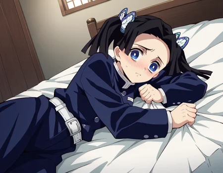 score_9, score_8_up, score_7_up, source_anime,
aoikanzaki, <lora:aoi-kanzaki-anime-ponyxl-lora-nochekaiser:1>,
aoi kanzaki, blue eyes, black hair, hair ornament, twintails, butterfly hair ornament,
long sleeves, belt, pants, blue jacket, white belt, demon slayer uniform, blue pants,
indoors, bed, bed room, on side, blush, drunk,
solo, looking at viewer, cowboy shot, dutch angle,