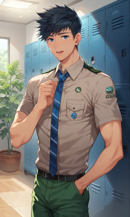 score_9, score_8_up, score_7_up, masterpiece, best quality, lots of details, dynamic pose, ((1boy)), male focus, natsumi, standing, bare neck, unbuttoned collar, undressing, gray-brown shirt, short sleeves, navel, nipples, necktie, open clothes, green shorts, shaded, detailed shading, detailed skin, shaded skin, realistic shading, looking at viewer, Expressiveh, countershading:1.1, locker room, wooden wall, indoor plants, indoors, <lora:add-detail-xl:0.7>, <lora:Smooth Anime 2 Style SDXL_LoRA_Pony Diffusion V6 XL:0.8>, <lora:Expressive_H:0.8>, <lora:Natsumi_XL_V10:0.9>