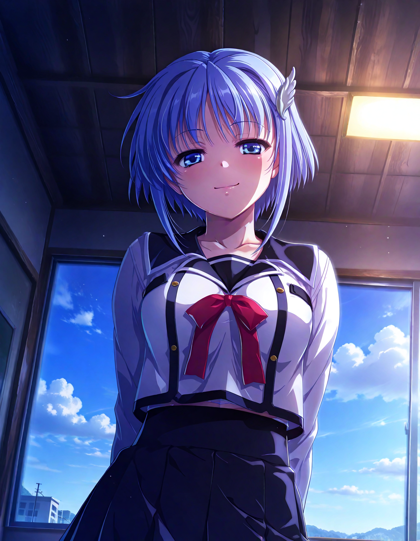 (1girl, solo:1.3), (2girls, 3girls, 4girls, multiple girls, 2boys, 3boys, 4boys, multiple boys:-1.5) <lora:Kajio_Honoka_Denshanai_de_Now_Illustrious:0.9>, kajio_honoka, medium breasts, blue eyes, blue hair, short hair, bangs, sidelocks, hair ornament, school uniform, serafuku, red ribbon, black skirt, pleated skirt, smile, (tongue out:0.7), (half-closed eyes:0.7), general, contrapposto, dynamic pose, arms behind back, upper body, straight-on, from below, dutch angle, indoors, school, classroom, chalkboard, (text, board eraser:-2.0), (white theme:1.3), window, outdoor view, , <lora:NOOB_EPSv1_1_detailer_by_vlnvk_v1_0:1.5>, (photo background:0.7), evening, (tachibana yuu:0.6), inue shinsuke, (kazuma muramasa:0.0), saikawa yusa, (aoi manabu:0.6), abarerumidori, (suzui narumi:0.6), masterpiece, newest, absurdres, 8K, anime screenshot, anime coloring, flat color, official art, film grain, <lora:illustriousXLv01_stabilizer_v1.185c:0.7>, <lora:LECO_Solo:-4.0>,