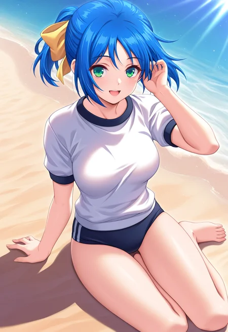masterpiece, best quality, amazing quality, 1girl, solo, sanaeww, green eyes, blue hair, short hair, ponytail, yellow hair bow, medium breasts, gym uniform, short sleeves, dark blue buruma, <lora:Kirishima_Sanae_Yoridori_ill:0.8>, sitting, yokozuwari, hair tucking, adjusting hair, floating hair, wind, looking at viewer, smile, open mouth, outdoors, day, beach, ocean, skindentation, detailed clothing folds, depth of field, sharp, high contrast, dynamic light